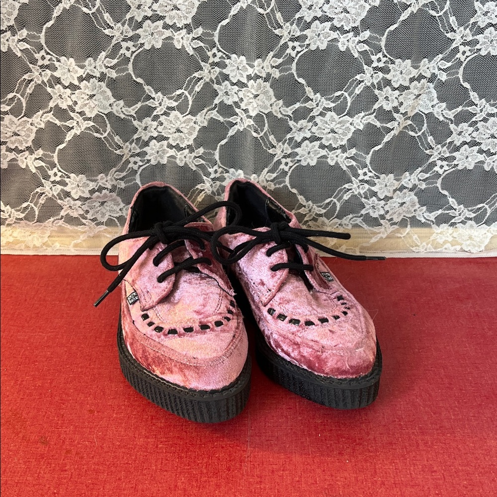 T.U.K Pink Velvet Creepers with Black Accents